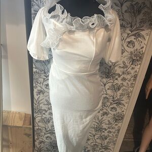 Elegant White Ruffled Off-Shoulder Midi Dress